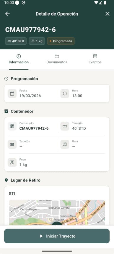 App RutaLink: detalle de una operación en ruta