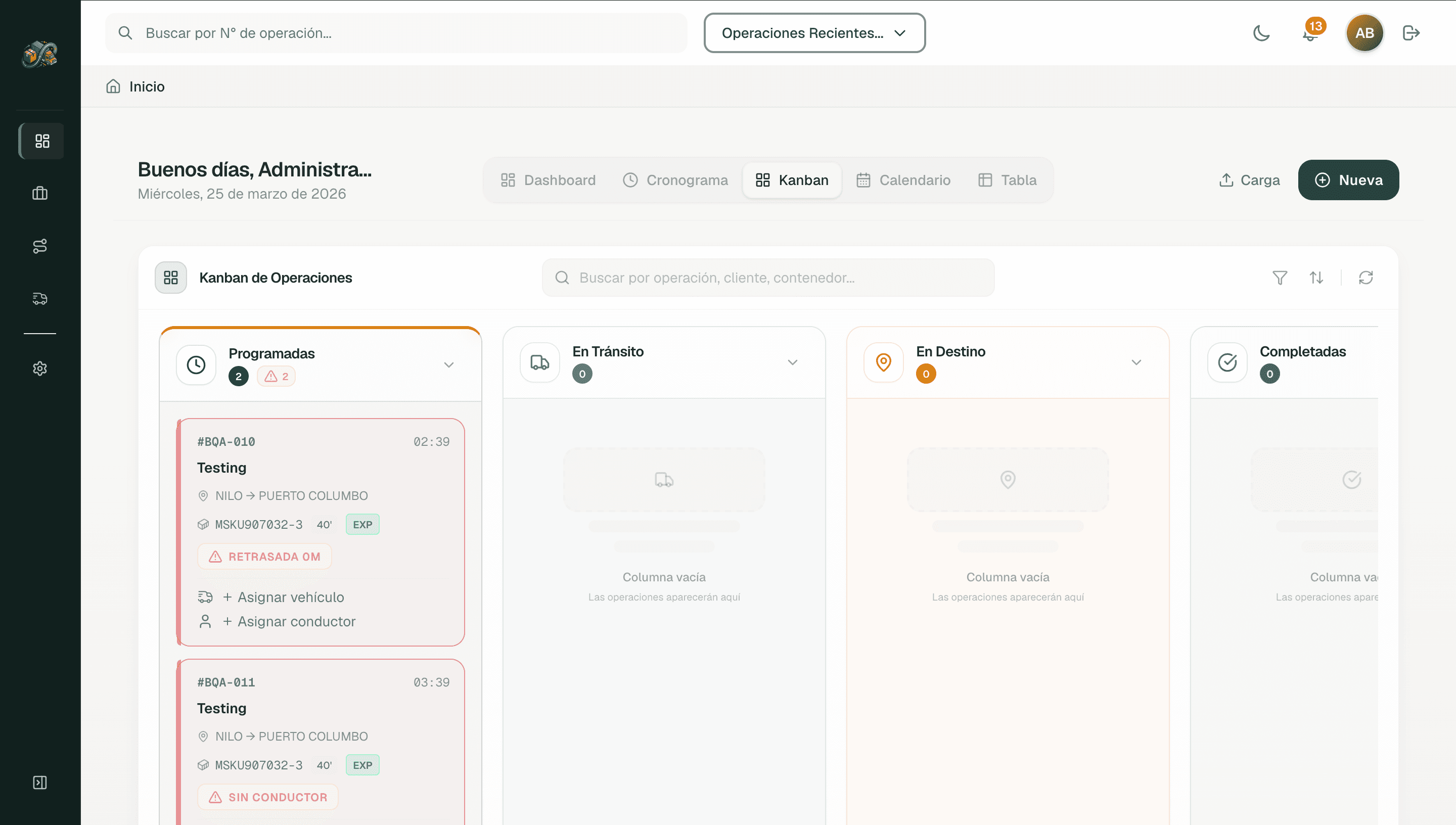 Tablero de operaciones por columnas de estado en RutaLink